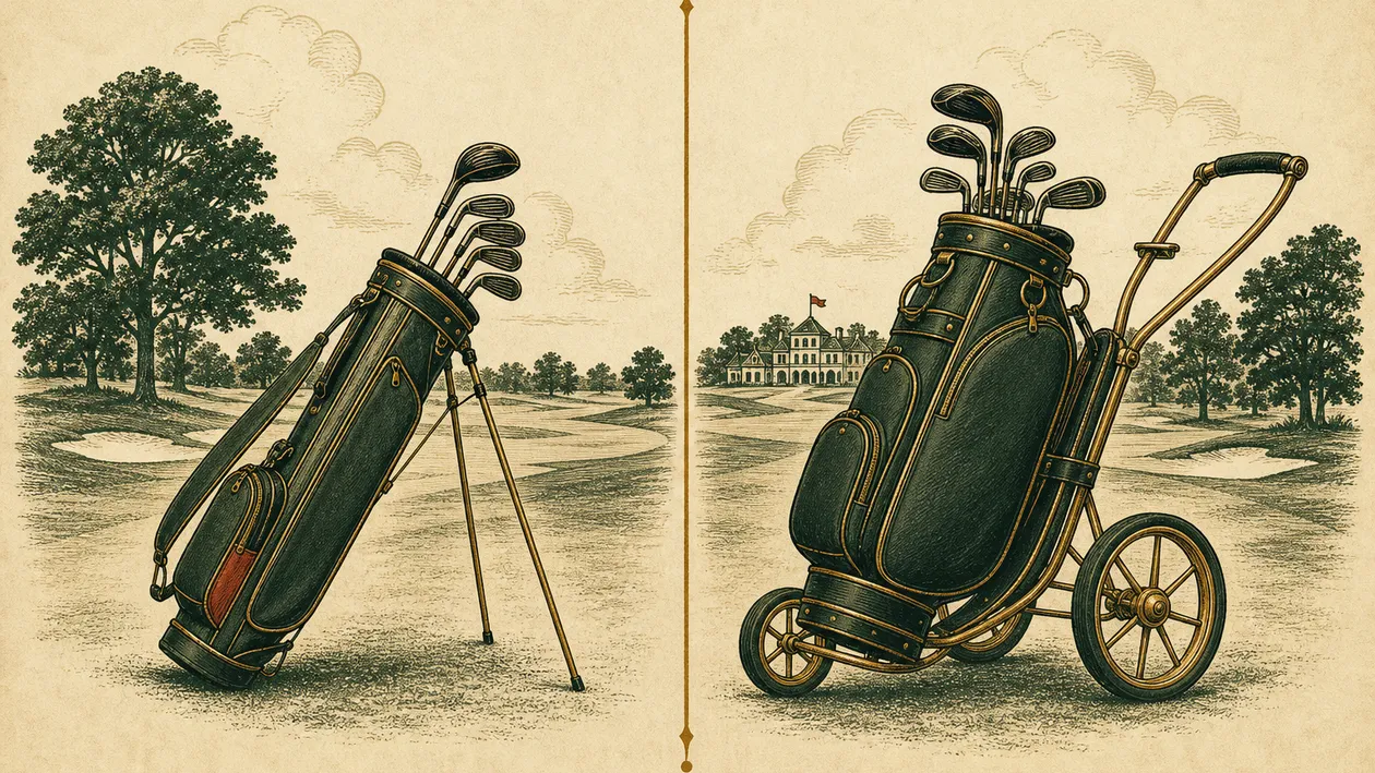 Split vintage illustration comparing a stand bag on folding legs with a cart bag strapped to a wheeled trolley.