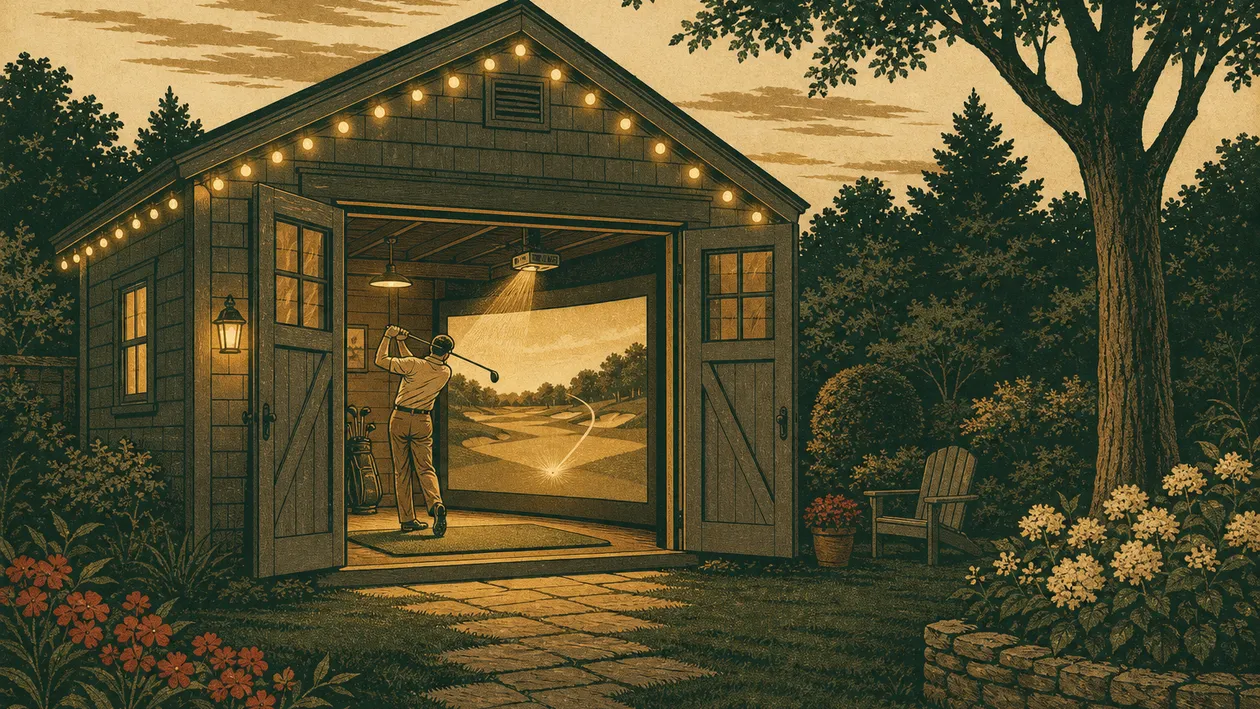 Vintage engraving of a golfer at dusk swinging inside an open backyard shed toward a glowing golf-simulator screen.