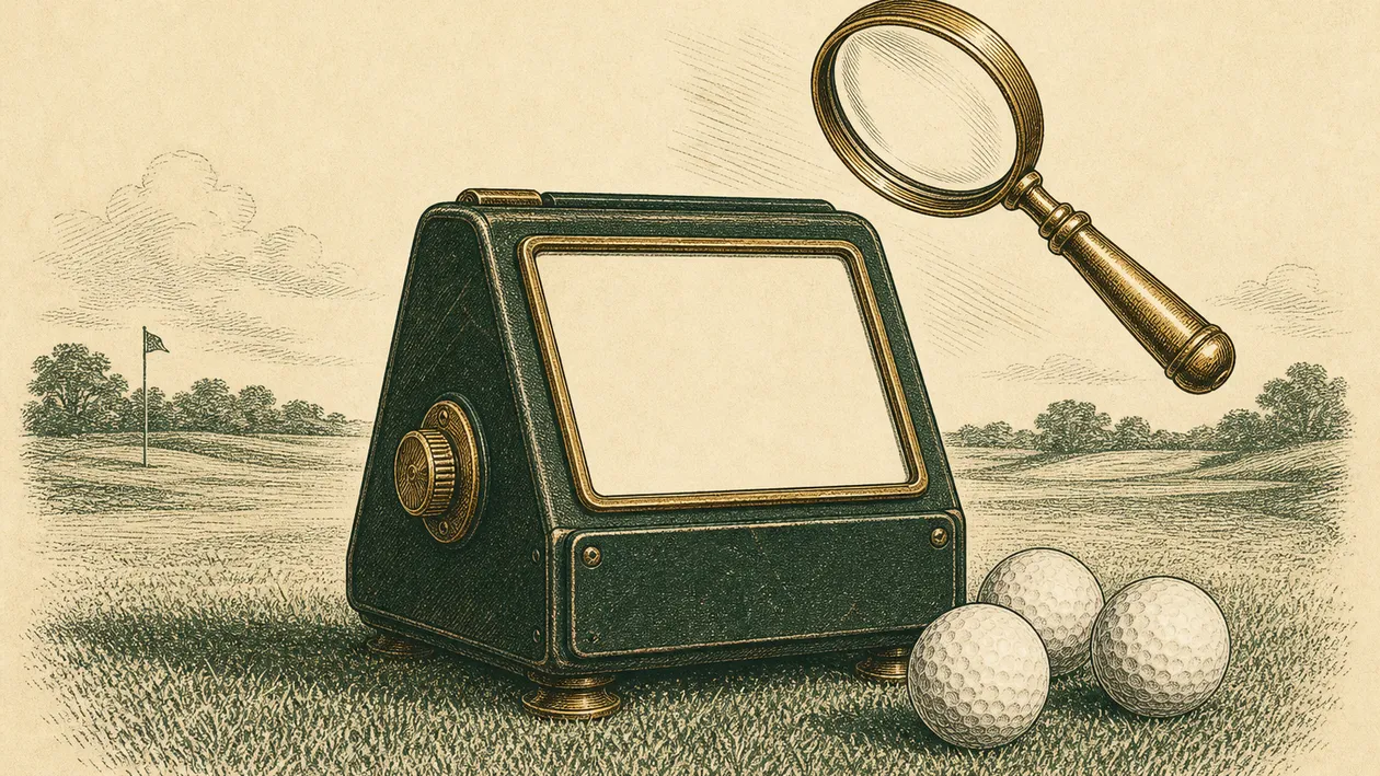 Stylized antique launch monitor with a blank screen sitting on turf beside golf balls, a brass magnifying glass hovering above.